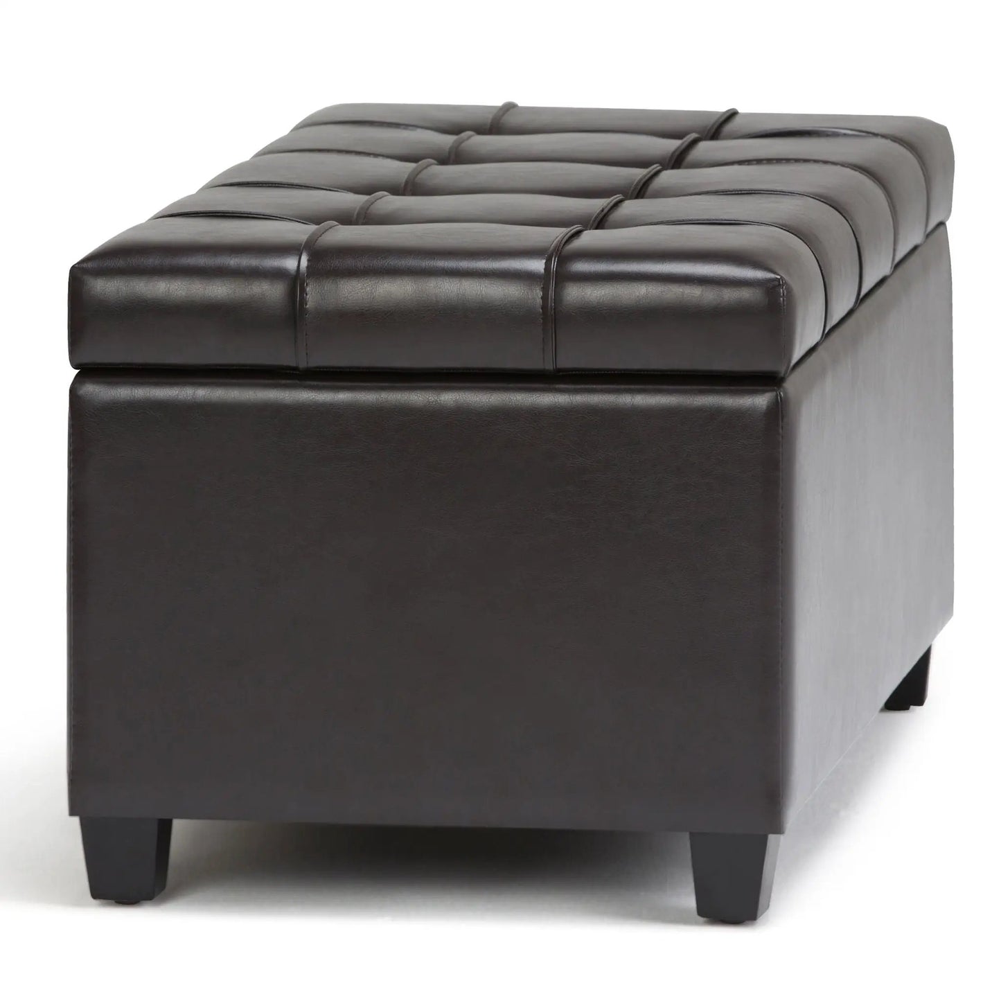 Sienna upholstered storage ottoman bench in dark brown leather with tufted top on Tampa Home & Garden Store