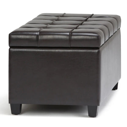 Sienna upholstered storage ottoman bench in dark brown leather with tufted top on Tampa Home & Garden Store