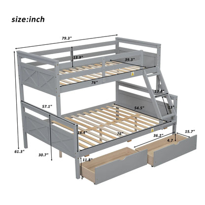 Bunk bed with ladder and safety guardrail, gray wooden frame with slatted beds, 2-tier unit on Tampa Home & Garden Store