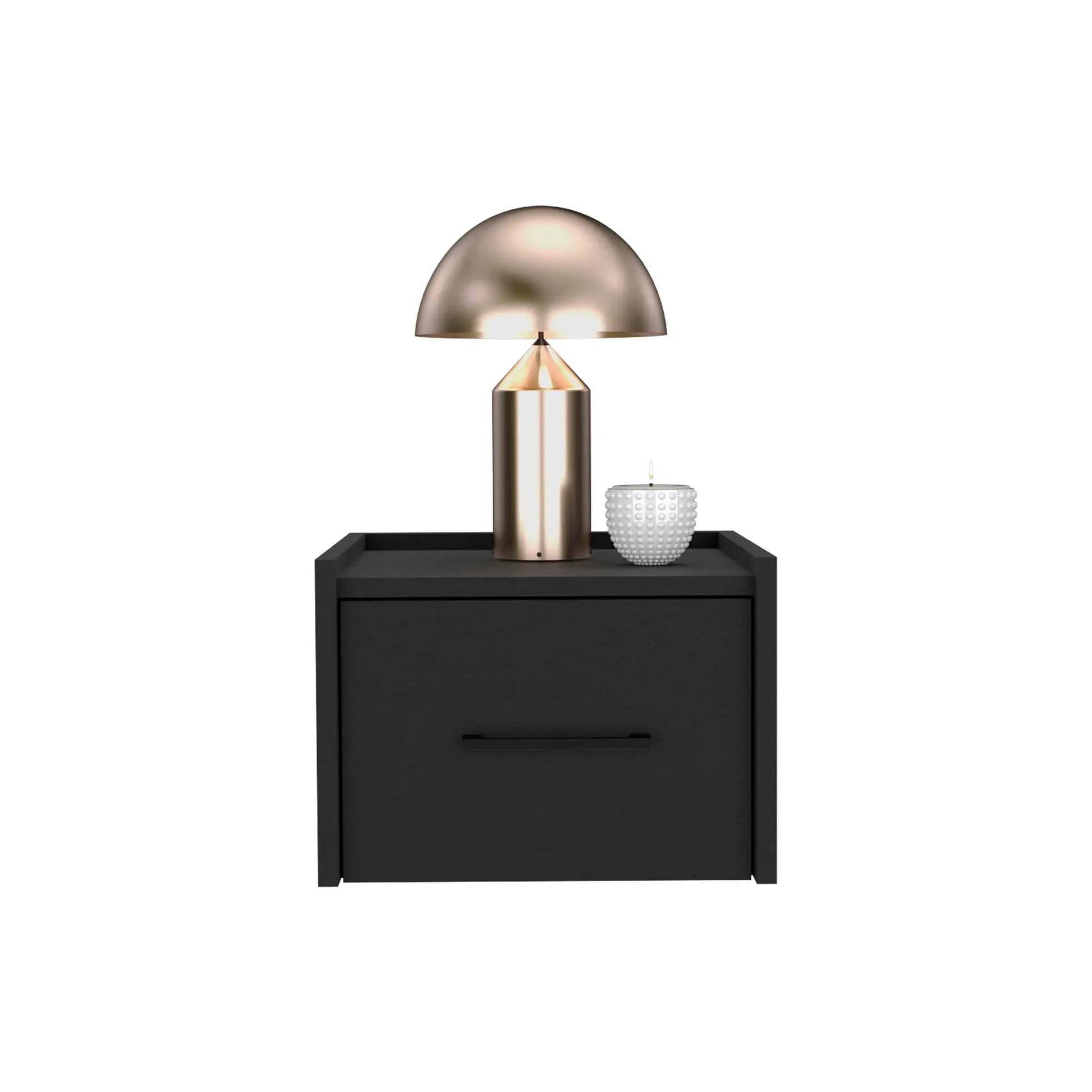 Floating nightstand with drawer in black finish; lamp and white vase on top on Tampa Home & Garden Store