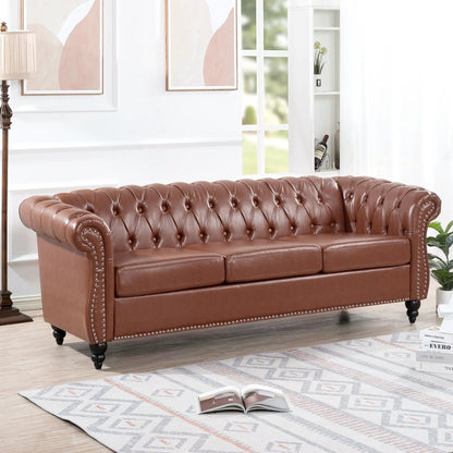 Rolled Arm Chesterfield 3 Seater Sofa brown tufted leather with nailhead trim and dark feet on Tampa Home & Garden Store