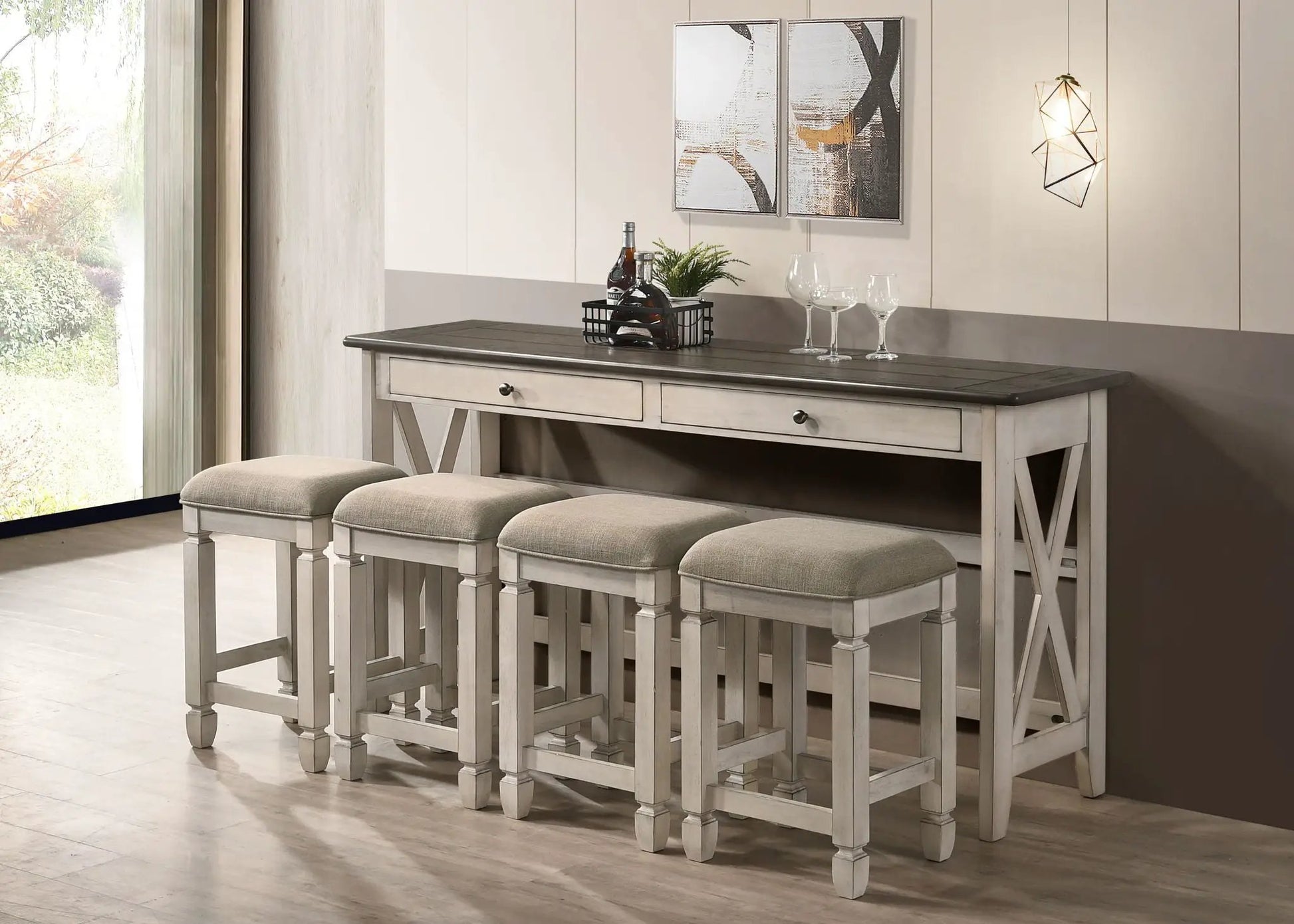 Console table with 4 beige upholstered stools in antique white finish, wood top and two drawers on Tampa Home & Garden Store