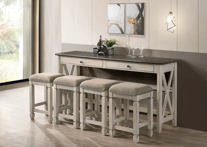 Console table with 4 beige upholstered stools in antique white finish, wood top and two drawers on Tampa Home & Garden Store