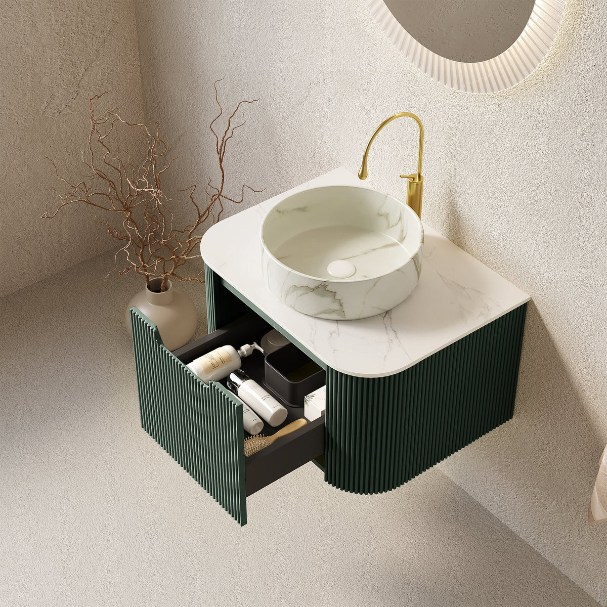 Dina 24 Inch Vanity with Ceramic Basin, marble top, gold faucet, green ribbed cabinet on Tampa Home & Garden Store
