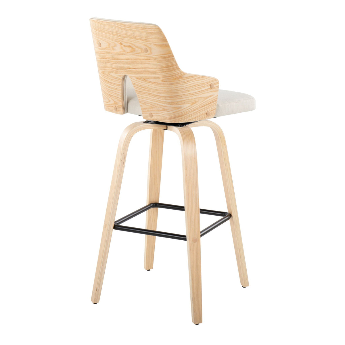 Stella barstool with fixed height, natural wood, beige cushion, curved back, swiveling footrest on Tampa Home & Garden Store