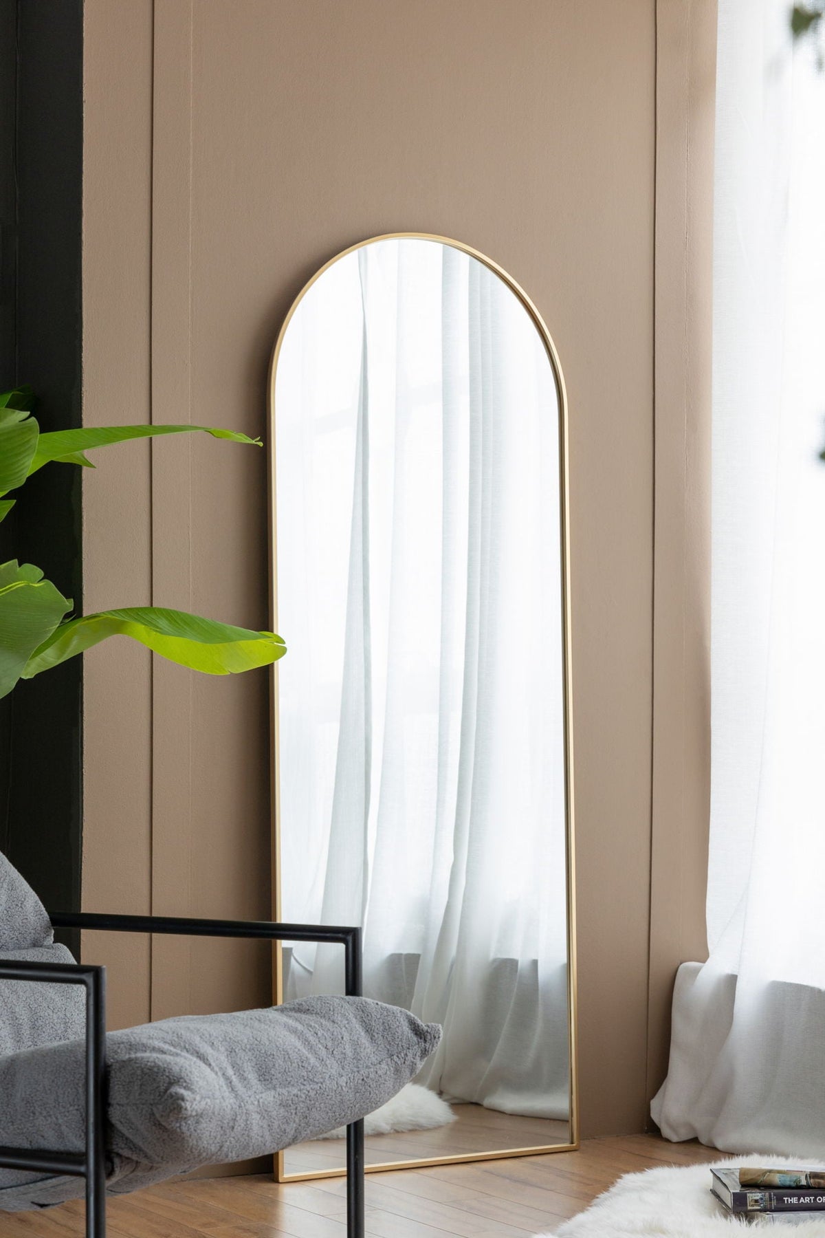 Celine Arch Body Mirror by HouseOfZazla with slim gold frame, arched floor mirror on Tampa Home & Garden Store