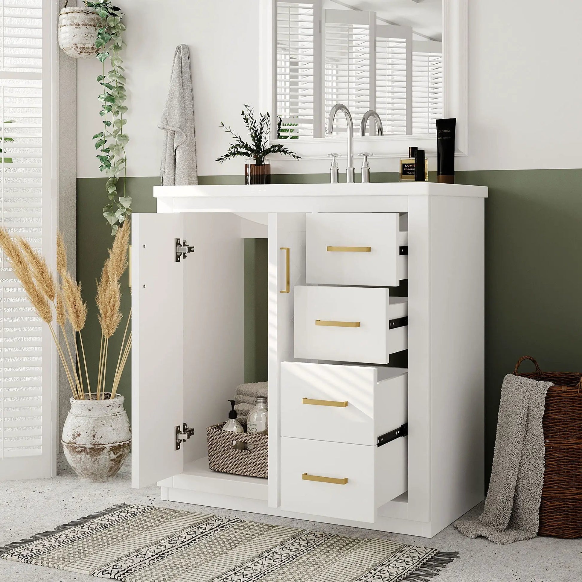 White bathroom vanity with sink, 3-drawer storage, soft-close doors, brass hardware on Tampa Home & Garden Store