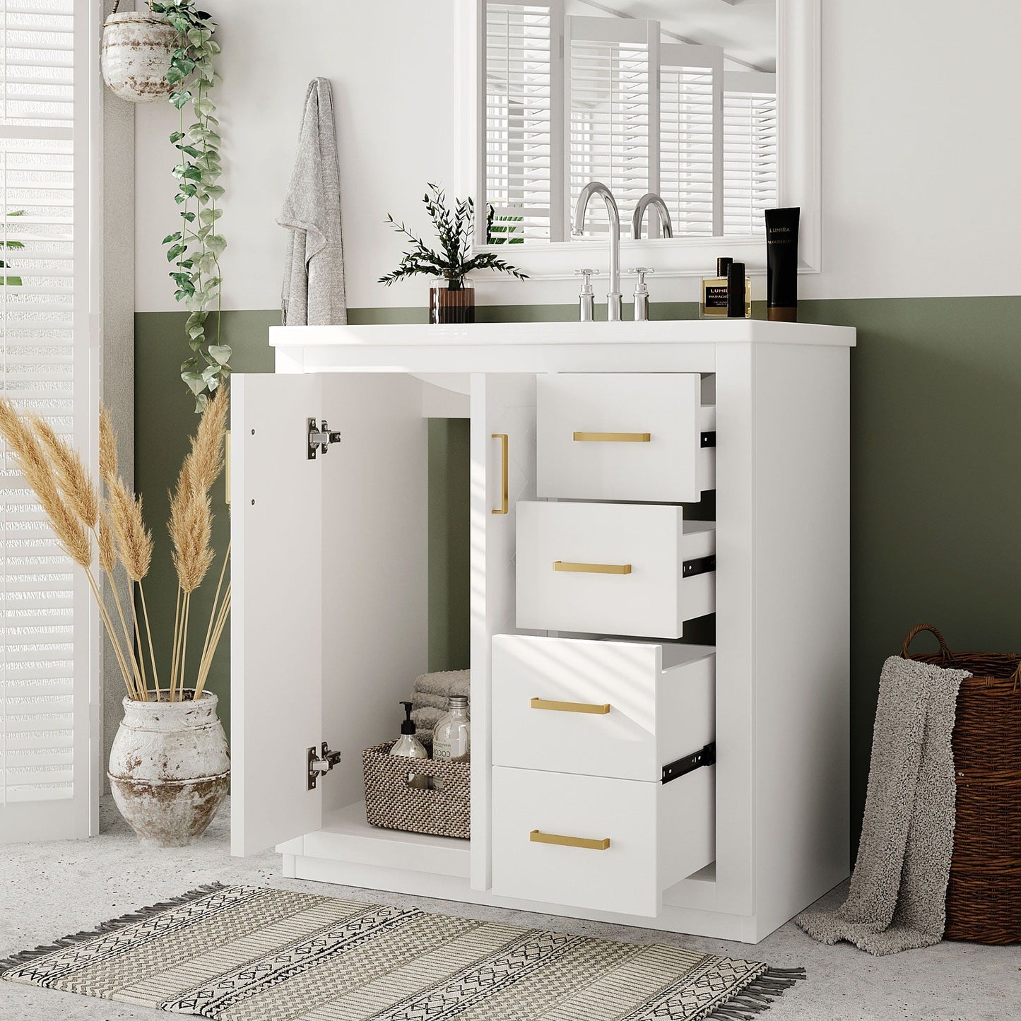 Bathroom vanity with sink cabinet, white, 3 drawers with brass handles soft-close doors on Tampa Home & Garden Store