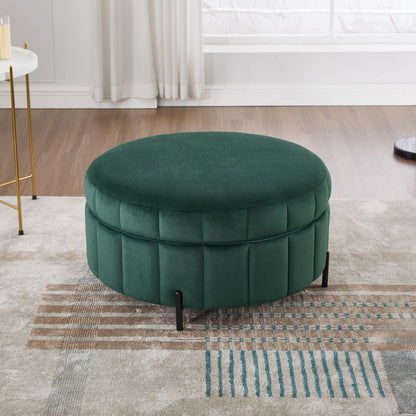 Upholstered green velvet round storage ottoman with channel tufting and black metal legs on Tampa Home & Garden Store