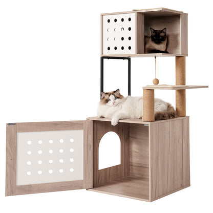 Cat Tree with Litter Box Enclosure and Hammock by HouseOfZazla, natural wood, panel, two cats on Tampa Home & Garden Store