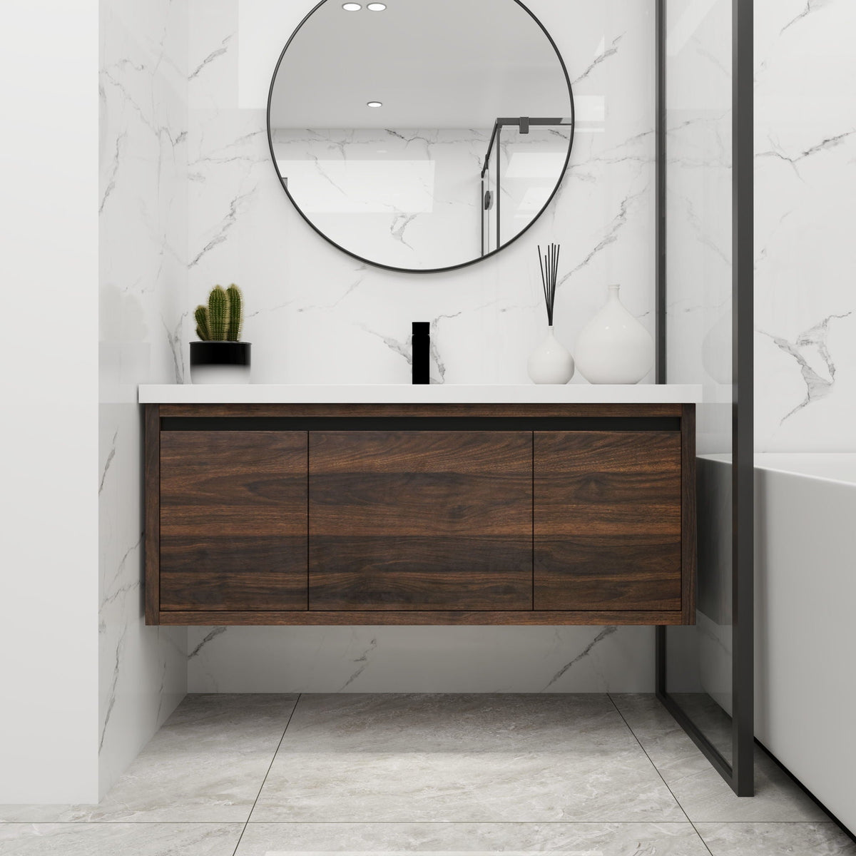 Floating bathroom vanity with resin sink and soft-close doors, white countertop, round mirror on Tampa Home & Garden Store