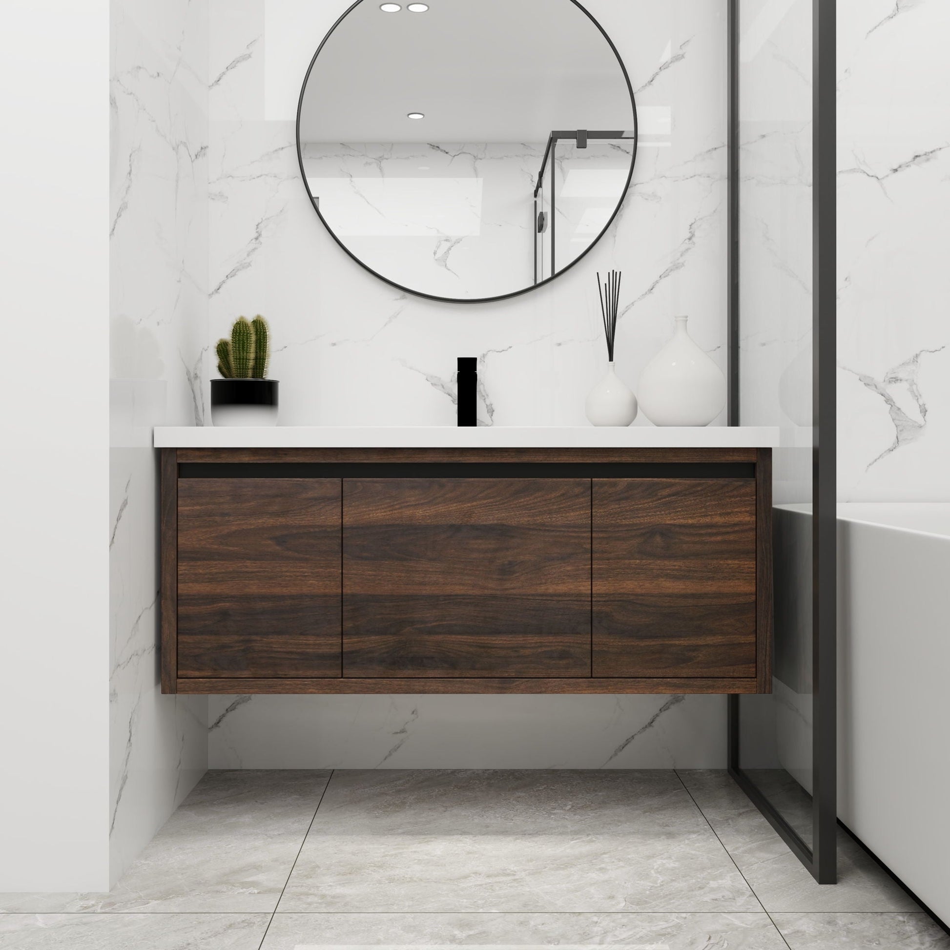 Floating bathroom vanity with resin sink and soft-close doors, white countertop, round mirror on Tampa Home & Garden Store