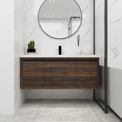 Floating bathroom vanity with resin sink and soft-close doors, white countertop, round mirror on Tampa Home & Garden Store