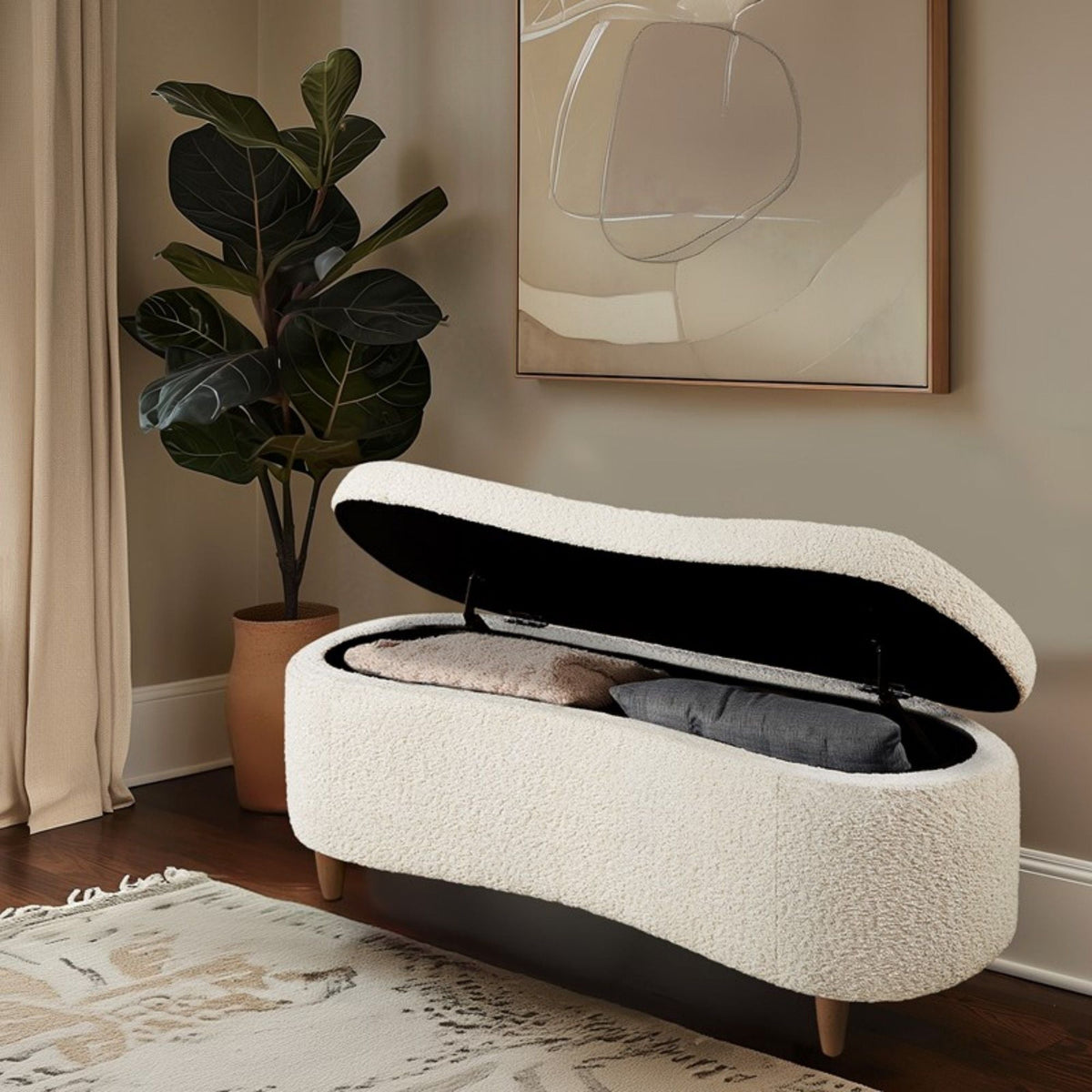 Beige flip-top storage bench with soft-close hinges in boucle fabric by HouseOfZazla on Tampa Home & Garden Store