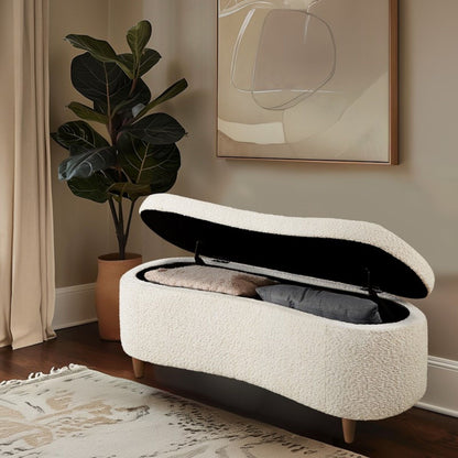 Beige flip-top storage bench with soft-close hinges in boucle fabric by HouseOfZazla on Tampa Home & Garden Store