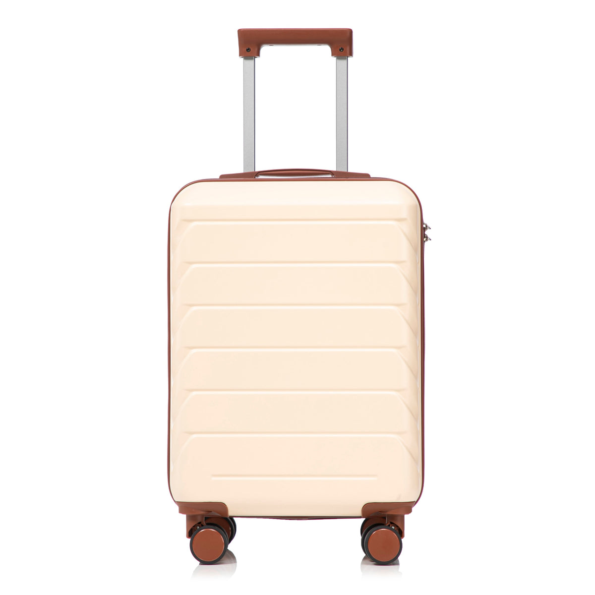 Beige ABS spinner luggage with brown trim, retractable handle and four wheels on Tampa Home & Garden Store