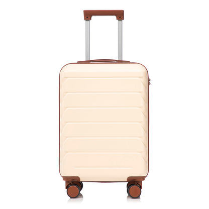 Beige ABS spinner luggage with brown trim, retractable handle and four wheels on Tampa Home & Garden Store