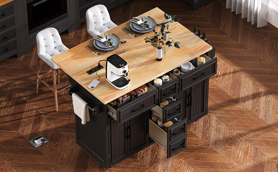 K&K kitchen island with drop leaf and power outlet, wood top, black base, drawers HouseOfZazla on Tampa Home & Garden Store
