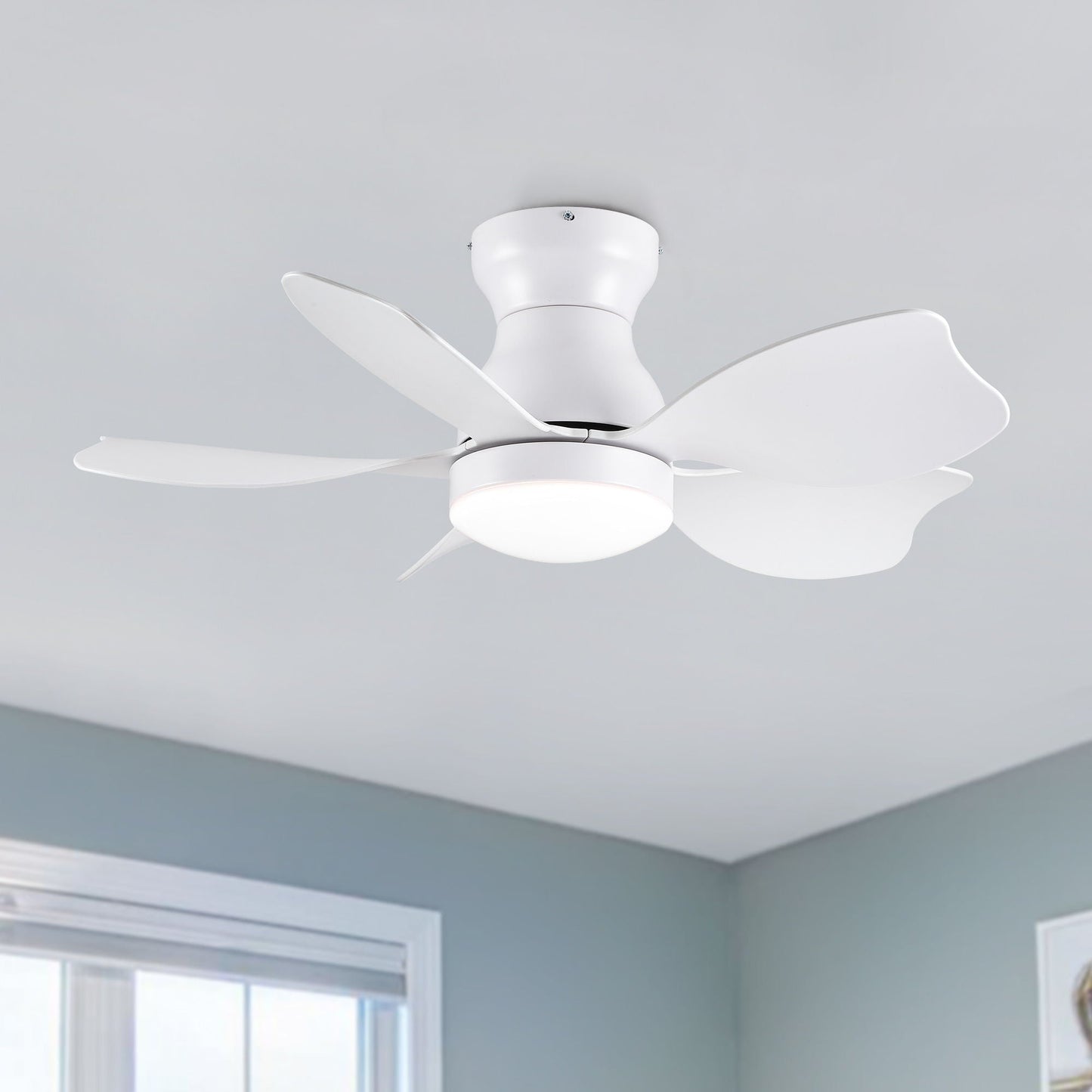 Low Profile Flush Mount Ceiling Fan With Light by HouseOfZazla, white finish with curved blades on Tampa Home & Garden Store