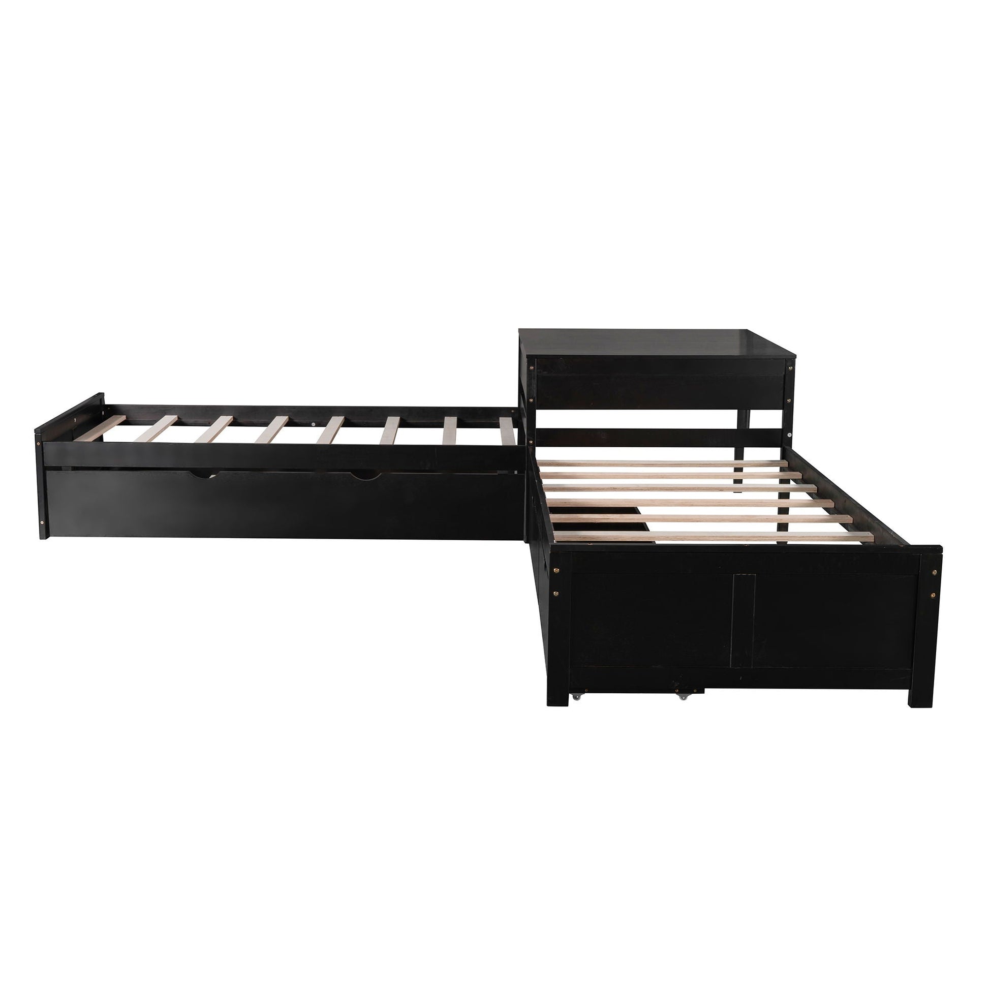 L-shaped platform bed with built-in desk, trundle and drawers in black finish by HouseOfZazla on Tampa Home & Garden Store