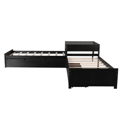 L-shaped platform bed with built-in desk, trundle and drawers in black finish by HouseOfZazla on Tampa Home & Garden Store