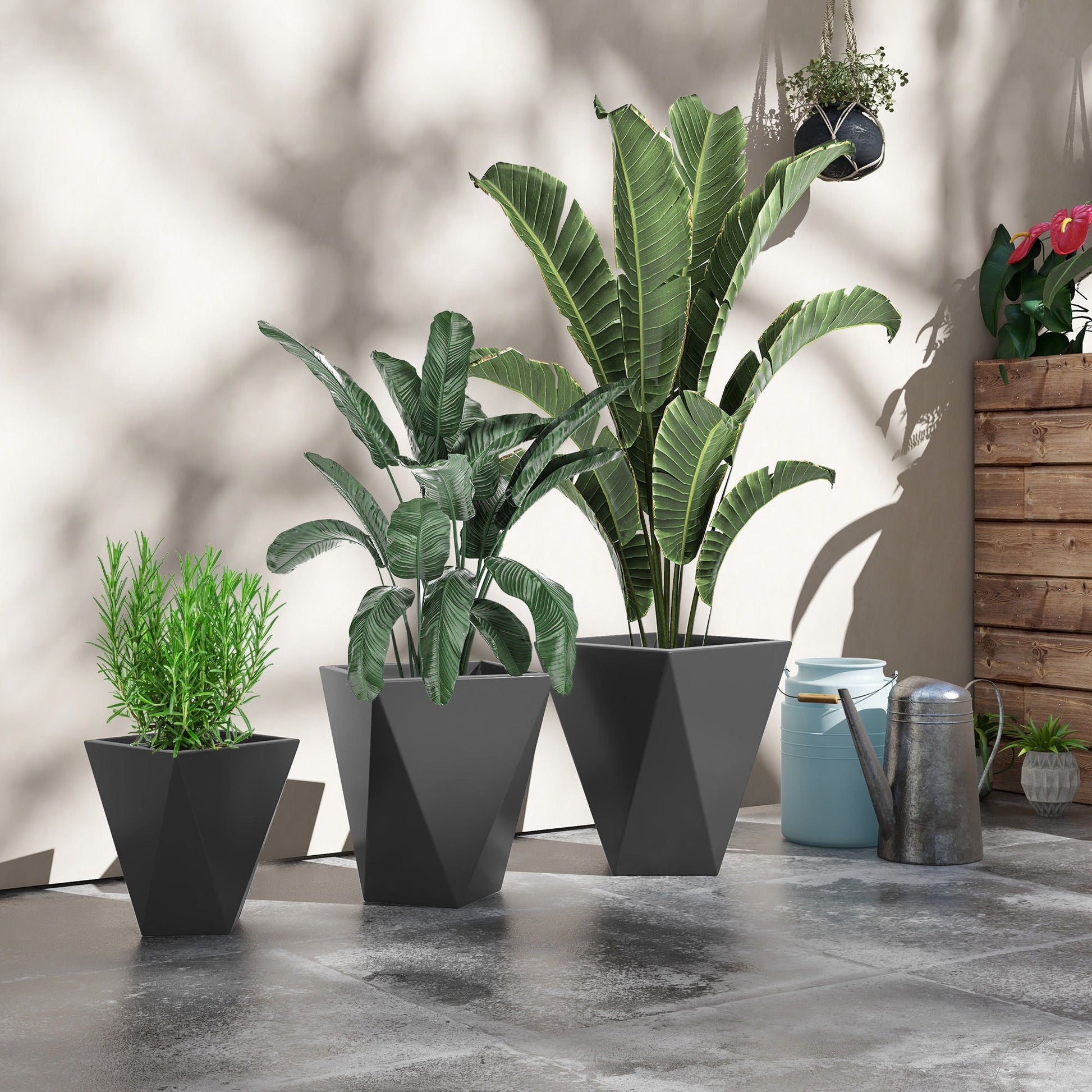 Planters set of 3 gray geometric stackable pots with drainage holes for indoor outdoor use on Tampa Home & Garden Store