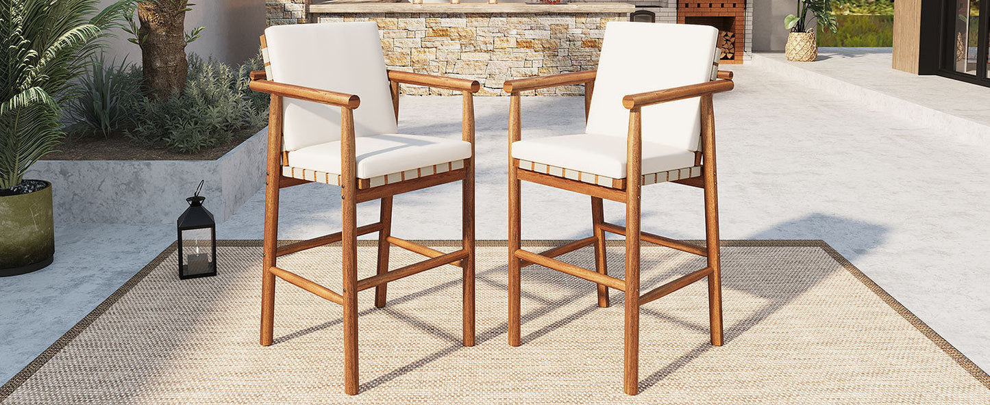 Outdoor Counter Height Bar Stools set of 2 with white cushions and wood frames on Tampa Home & Garden Store