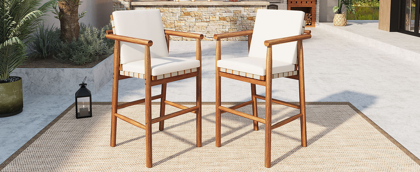 Outdoor Counter Height Bar Stools set of 2 with white cushions and wood frames on Tampa Home & Garden Store