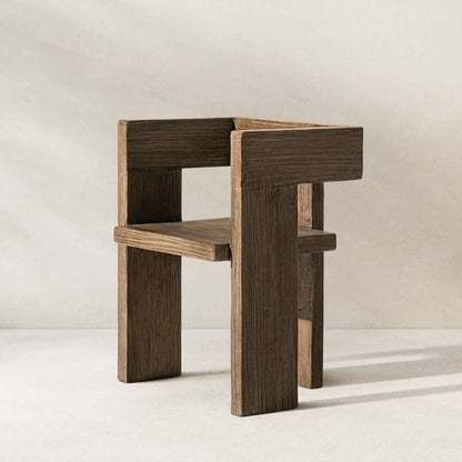 Sculptural Block Arm Chair in brown reclaimed elm with chunky rectangular legs on Tampa Home & Garden Store
