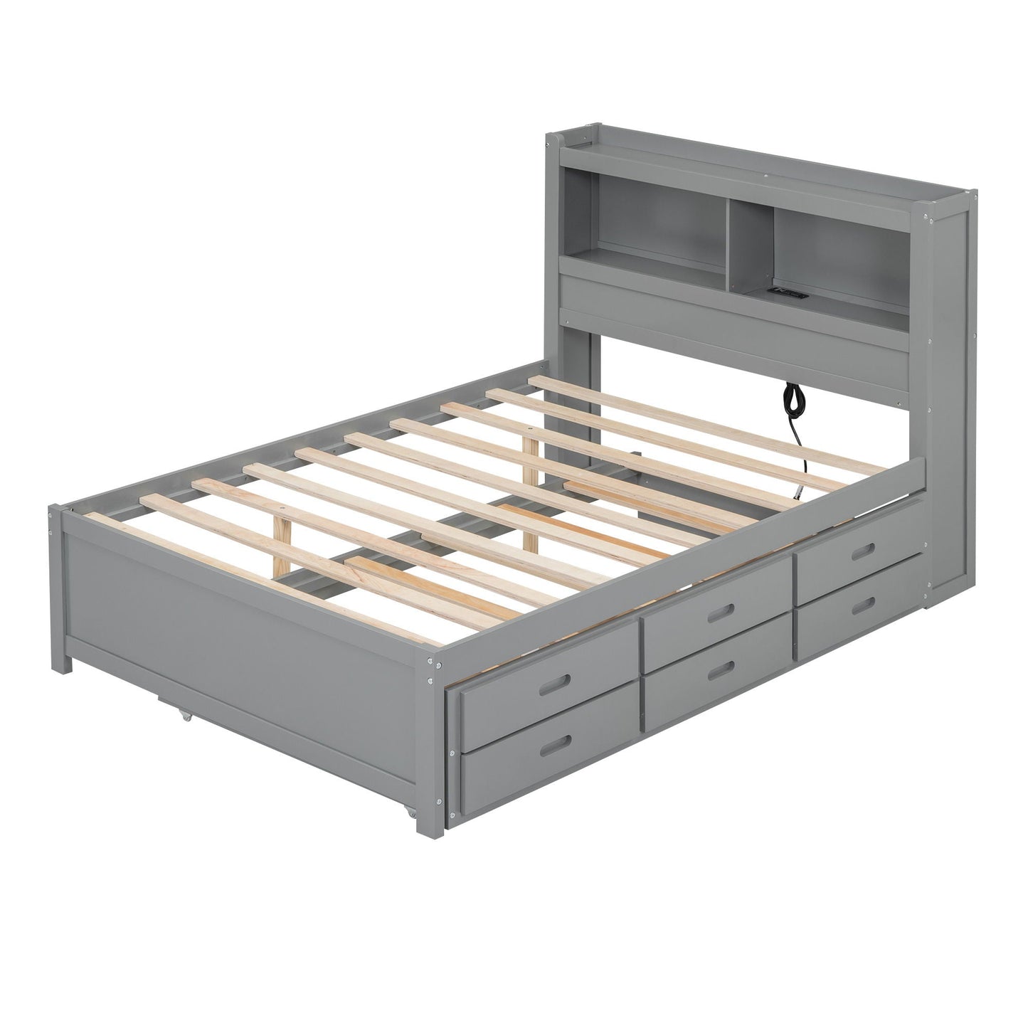 Full Size Platform Bed With Trundle, Drawers, USB Ports And Built In Shelves gray metal frame on Tampa Home & Garden Store