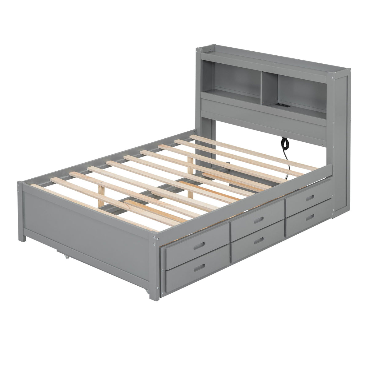 Full Size Platform Bed With Trundle, Drawers, USB Ports And Built In Shelves gray metal frame on Tampa Home & Garden Store