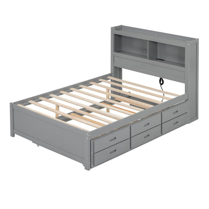 Full Size Platform Bed With Trundle, Drawers, USB Ports And Built In Shelves gray metal frame on Tampa Home & Garden Store