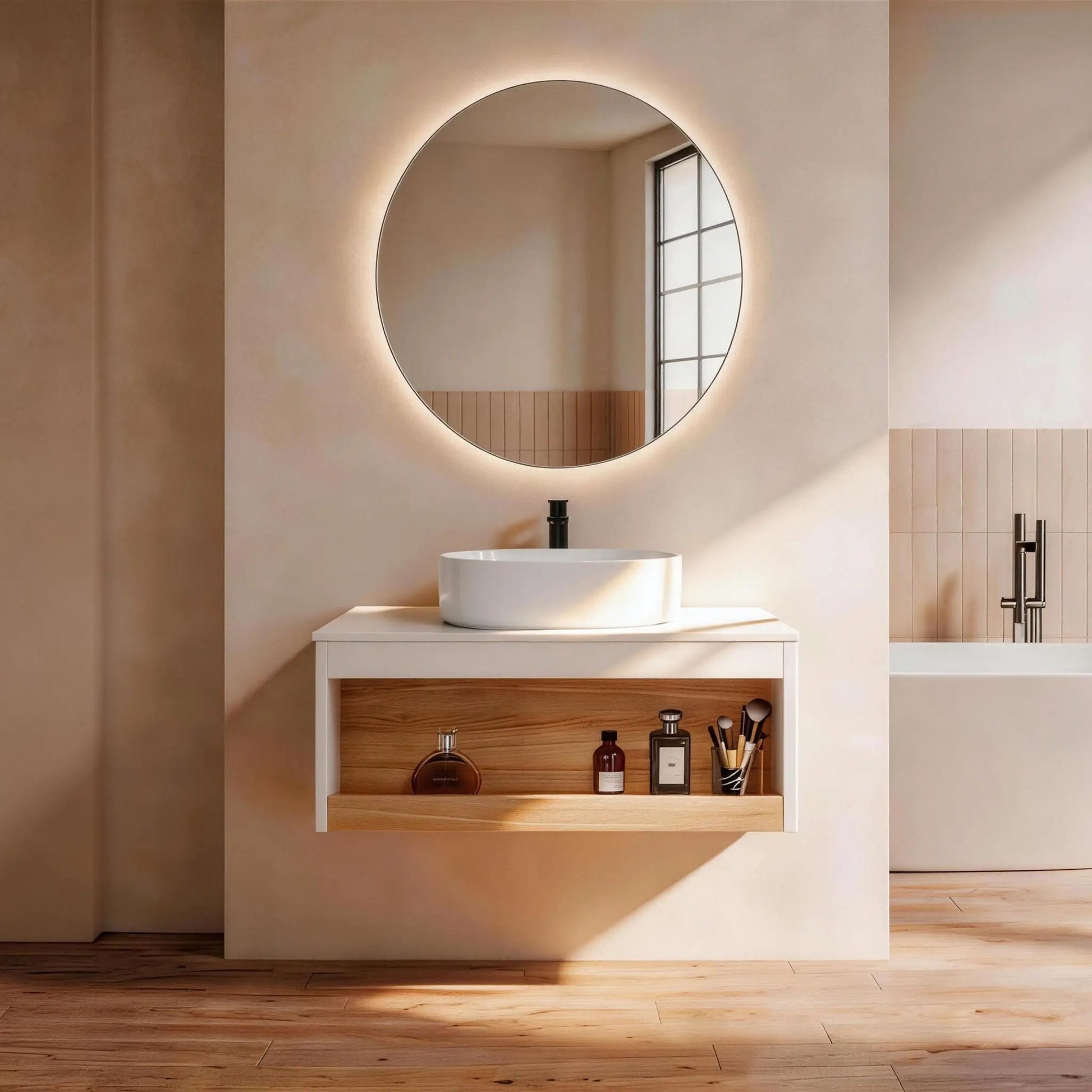 Floating white vanity with glossy round white vessel sink, wood drawer, and backlit round mirror on Tampa Home & Garden Store