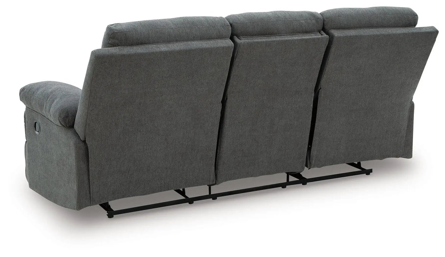 Side-Swipe reclining sofa 3-seat in dark gray fabric with drop-down table and metal base on Tampa Home & Garden Store