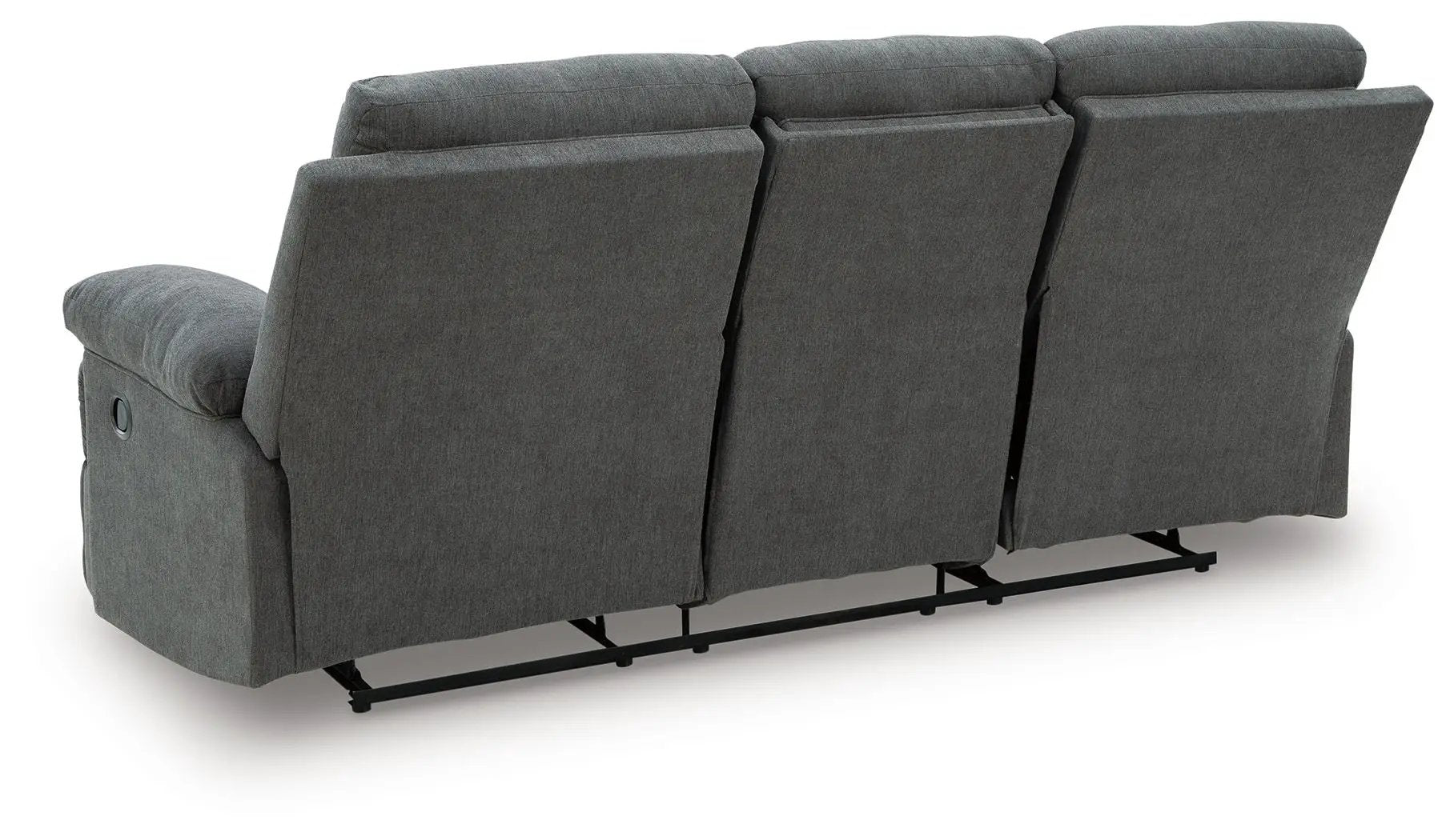 Side-Swipe reclining sofa 3-seat in dark gray fabric with drop-down table and metal base on Tampa Home & Garden Store