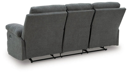 Side-Swipe reclining sofa 3-seat in dark gray fabric with drop-down table and metal base on Tampa Home & Garden Store