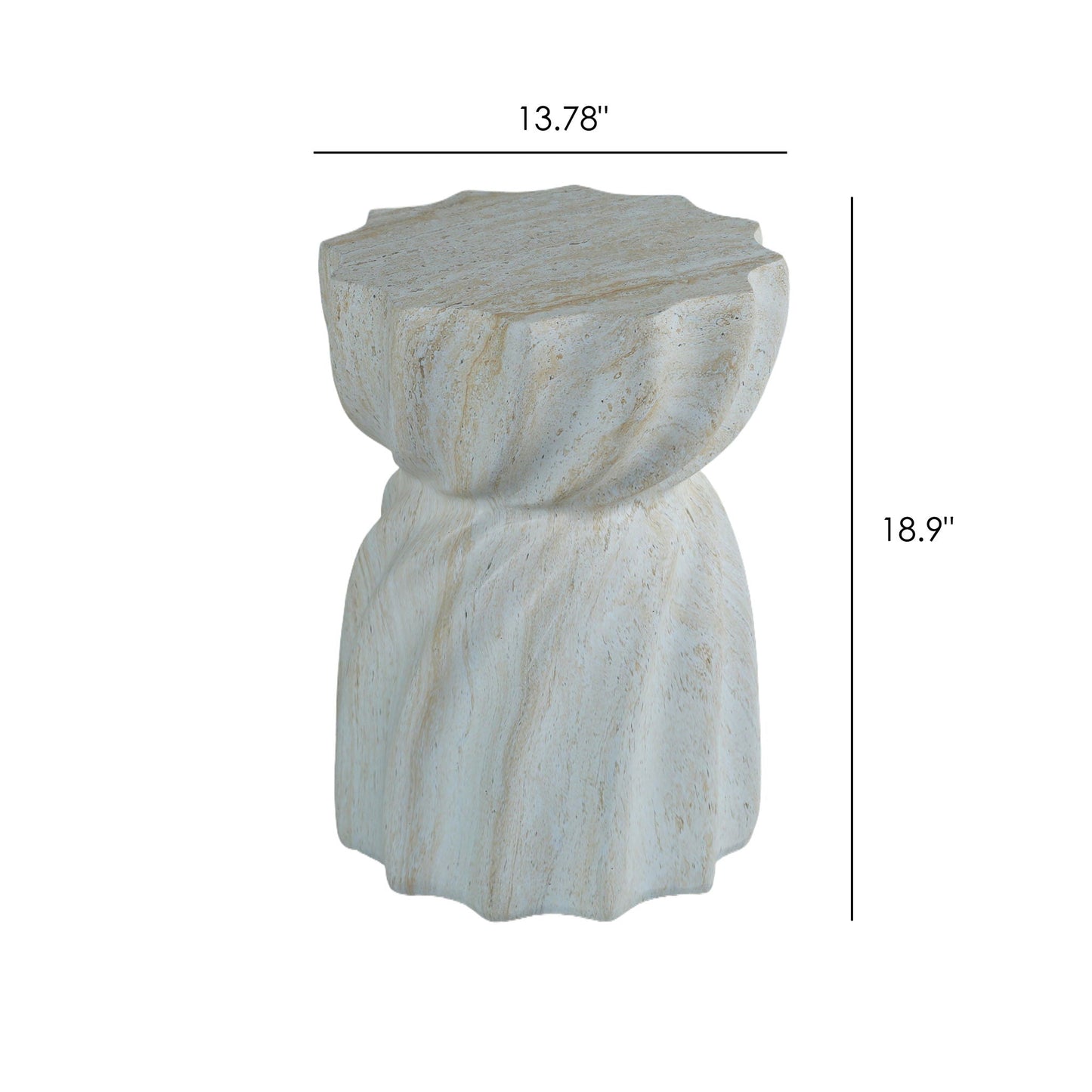 Outdoor end table in marble with a textured pale stone top and sculpted base on Tampa Home & Garden Store