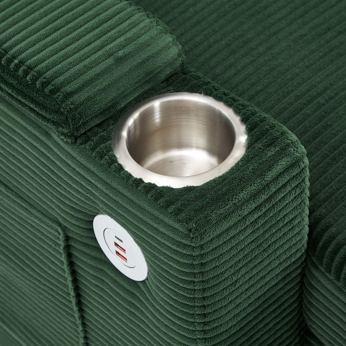 U-shaped sleeper sectional ottoman in dark green corduroy with stainless steel cup holder on Tampa Home & Garden Store