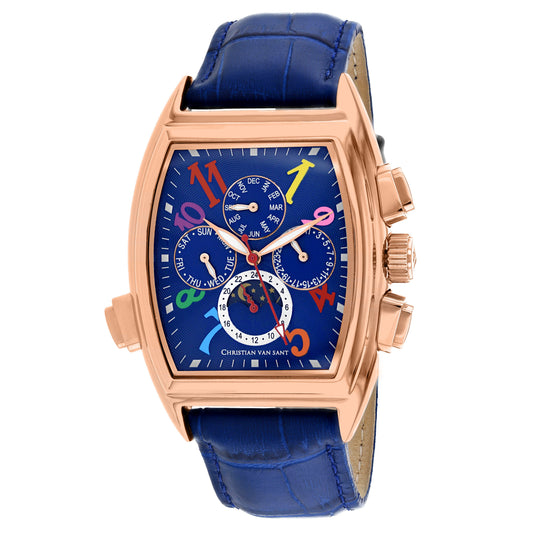 Christian Van Sant Grandeur watch with blue dial and blue leather strap in rose gold case on Tampa Home & Garden Store