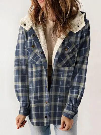 Plaid Snap Down Plush Hooded Jacket Women Warm