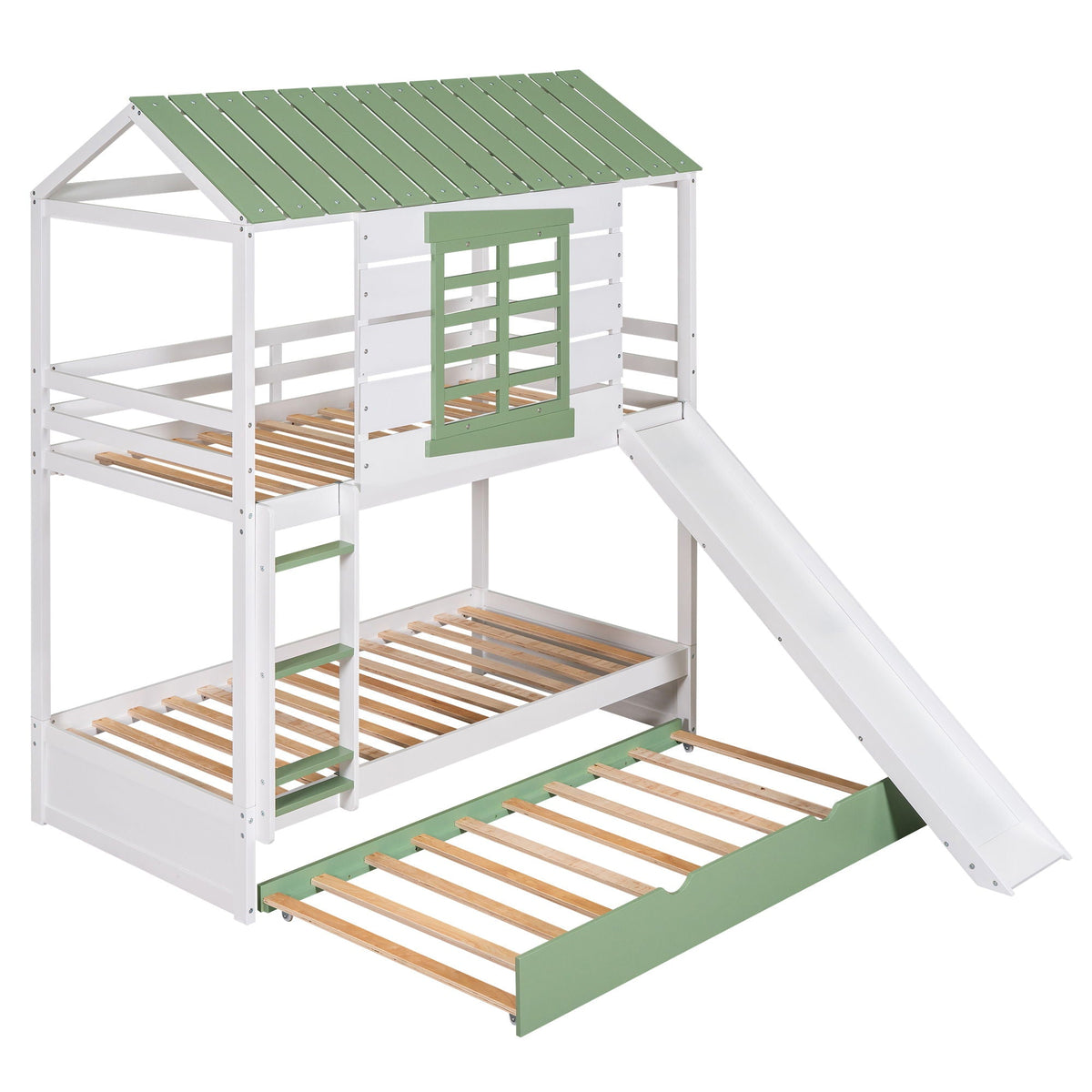 Twin over twin house bunk bed in white with green roof slats and slide HouseOfZazla on Tampa Home & Garden Store