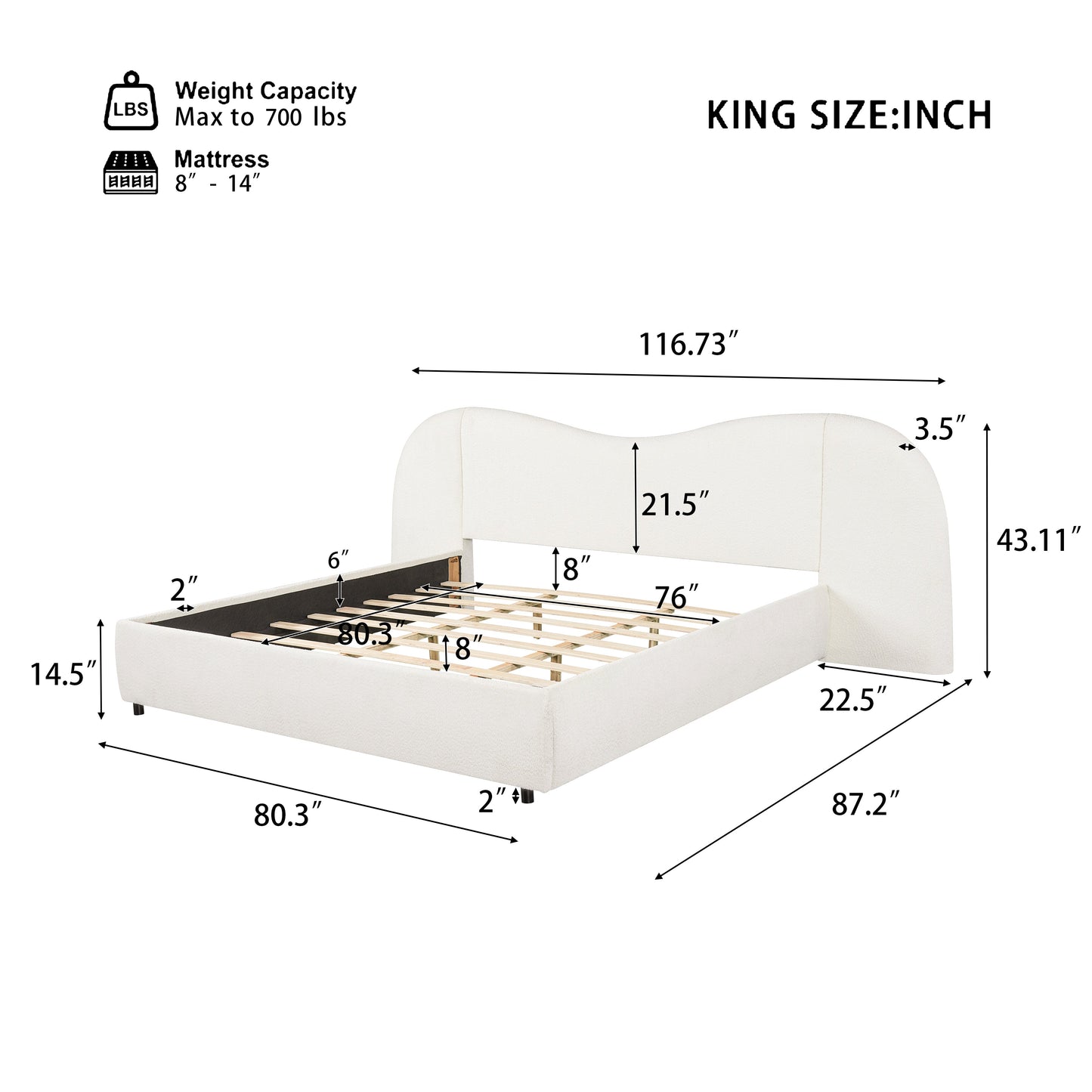 King Size Upholstered Bed with Boucle Headboard