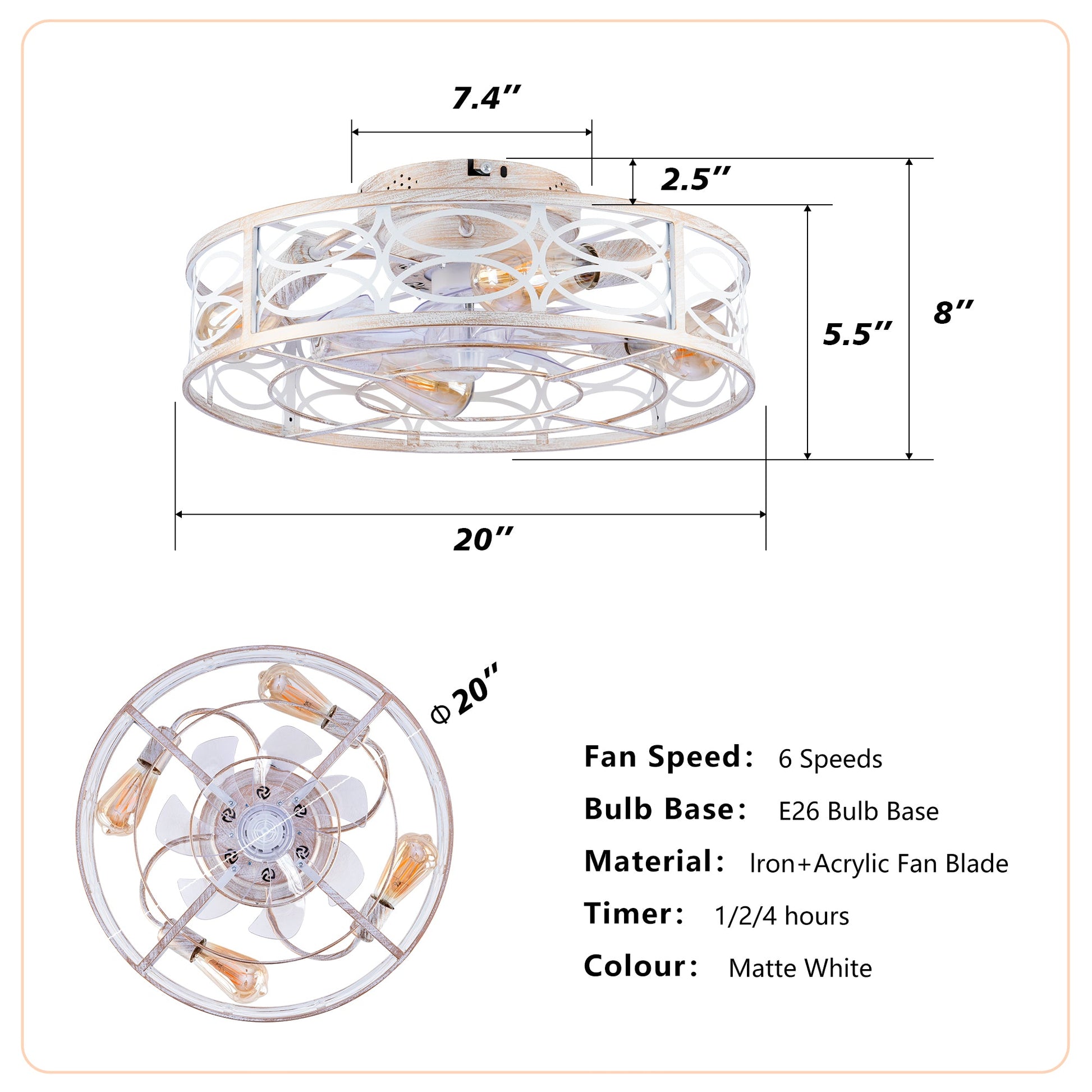 20in caged ceiling fan with lights and remote by HouseOfZazla, matte white finish on Tampa Home & Garden Store