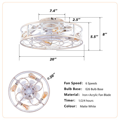 20in caged ceiling fan with lights and remote by HouseOfZazla, matte white finish on Tampa Home & Garden Store