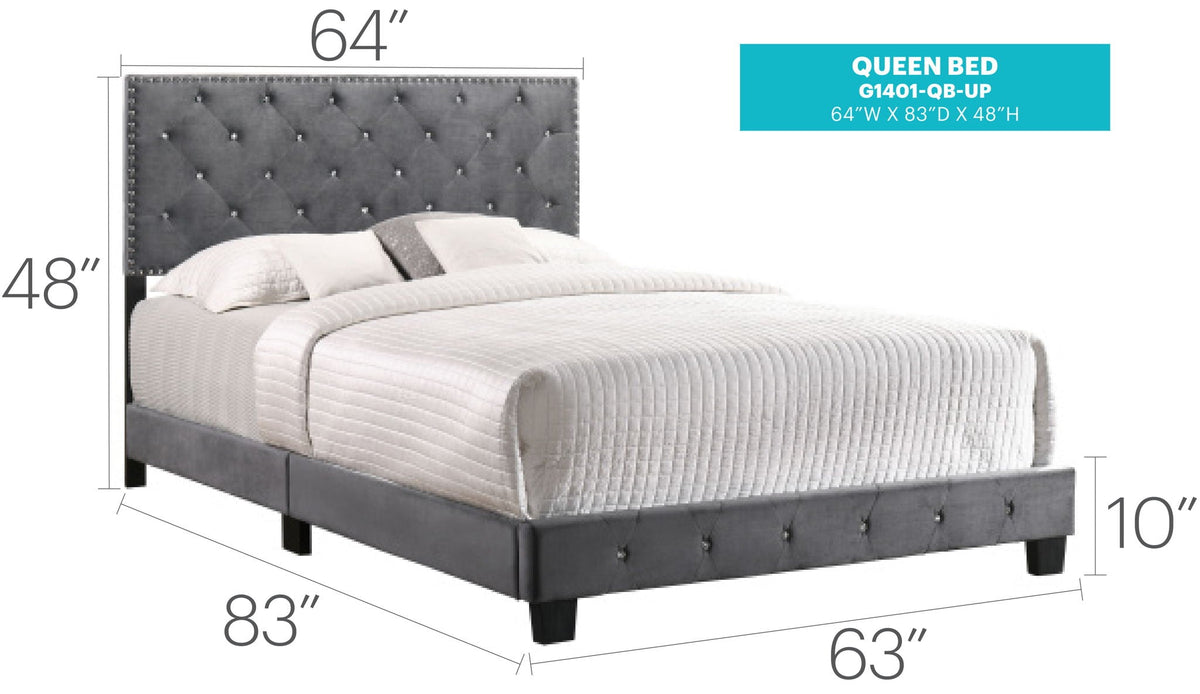 Luxurious Upholstered Bed with tufted gray headboard and nailhead trim on Tampa Home & Garden Store