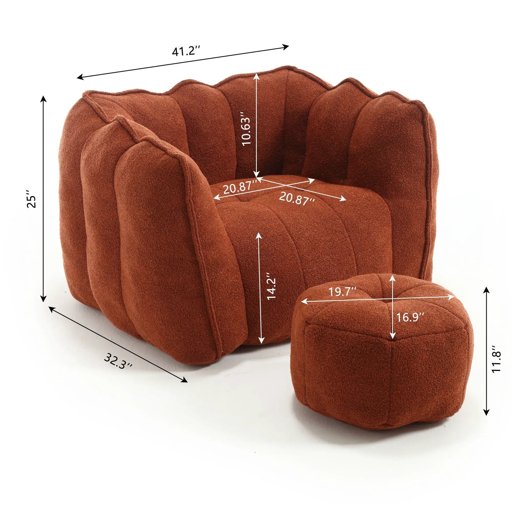 Soft bean bag chair with high resilient foam and ottoman in rust brown fabric on Tampa Home & Garden Store