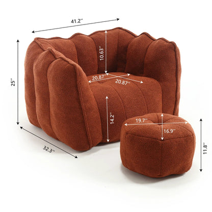 Soft bean bag chair with high resilient foam and ottoman in rust brown fabric on Tampa Home & Garden Store