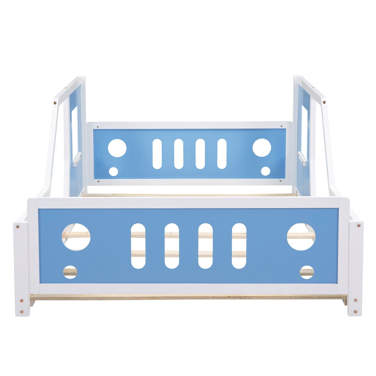 Classic car-shaped platform bed frame in white with blue panels and wooden slats on Tampa Home & Garden Store