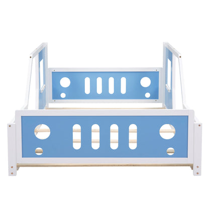 Classic car-shaped platform bed frame in white with blue panels and wooden slats on Tampa Home & Garden Store