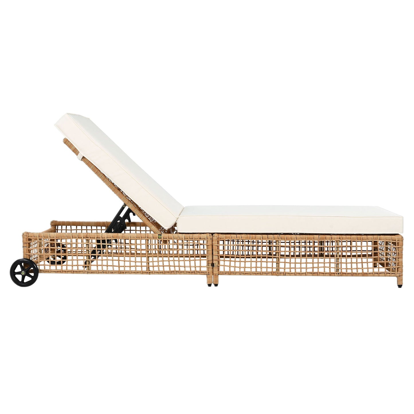 Outdoor chaise with 5-position backrest and beige cushions on wicker base with wheels on Tampa Home & Garden Store